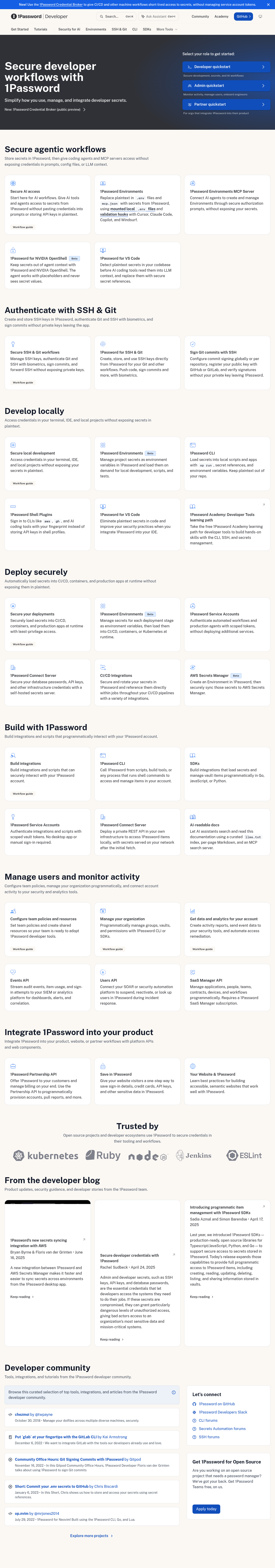 1Password Developer Documentation documentation homepage captured 2026-10-14. The numbered notes describe its navigation and starting routes.