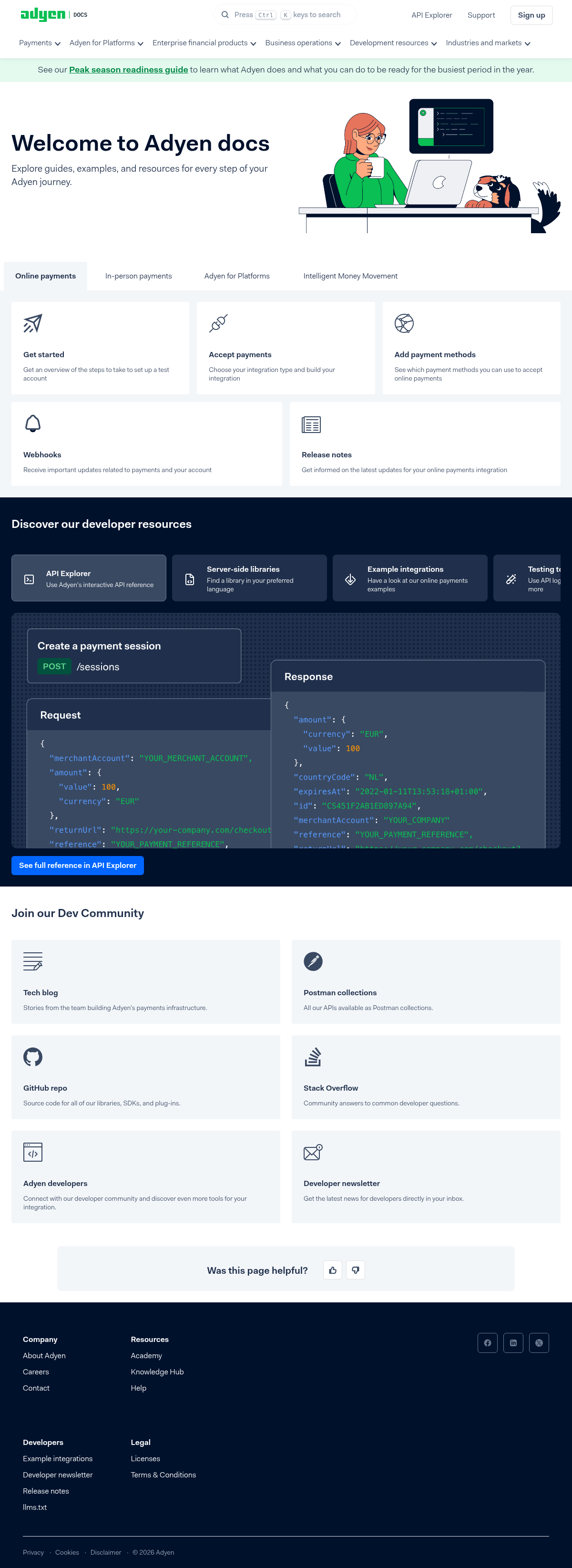 Adyen Docs documentation homepage captured 2026-10-14. The numbered notes describe its navigation and starting routes.