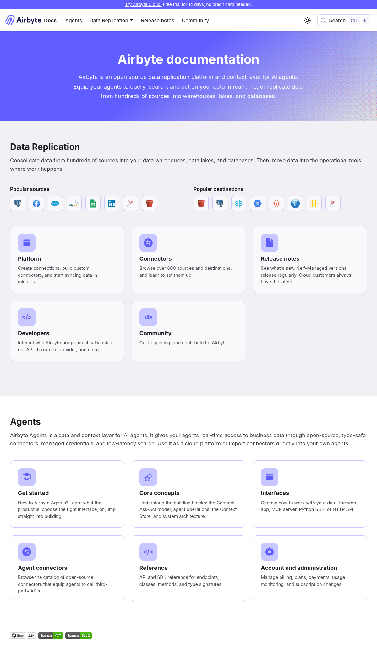 Airbyte documentation homepage captured 2026-10-14. The numbered notes describe its navigation and starting routes.