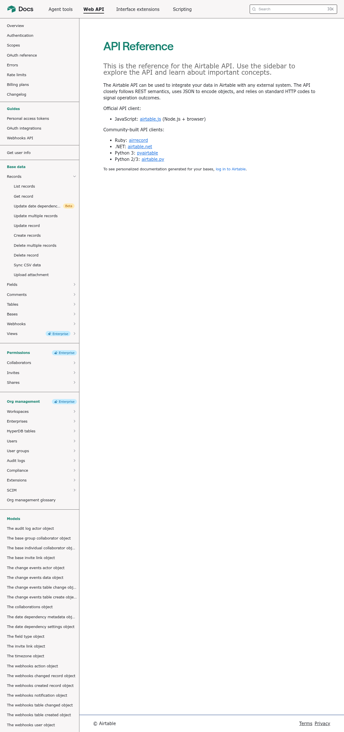 Airtable documentation homepage captured 2026-10-14. The numbered notes describe its navigation and starting routes.