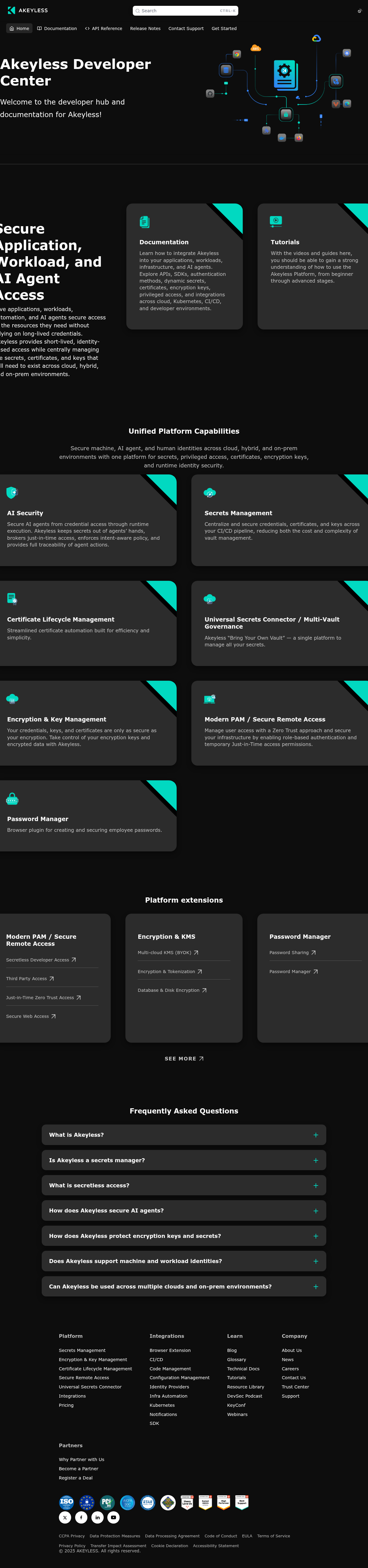 Akeyless documentation homepage captured 2026-10-14. The numbered notes describe its navigation and starting routes.