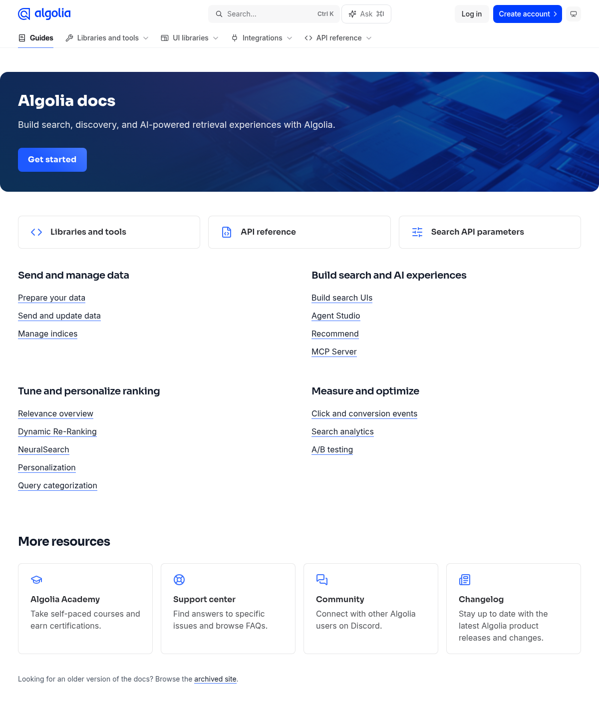 Algolia documentation homepage captured 2026-10-14. The numbered notes describe its navigation and starting routes.