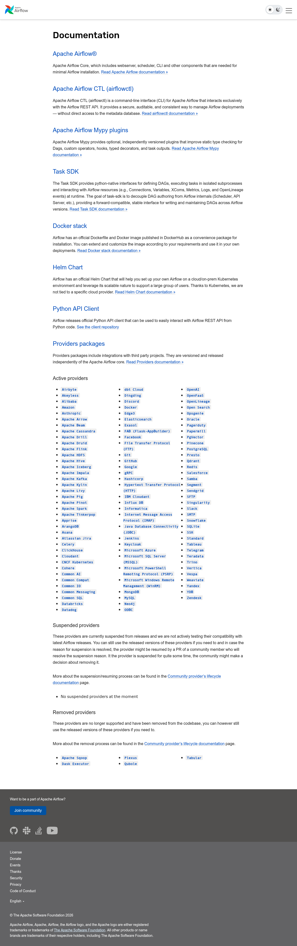 Apache Airflow documentation homepage captured 2026-10-14. The numbered notes describe its navigation and starting routes.
