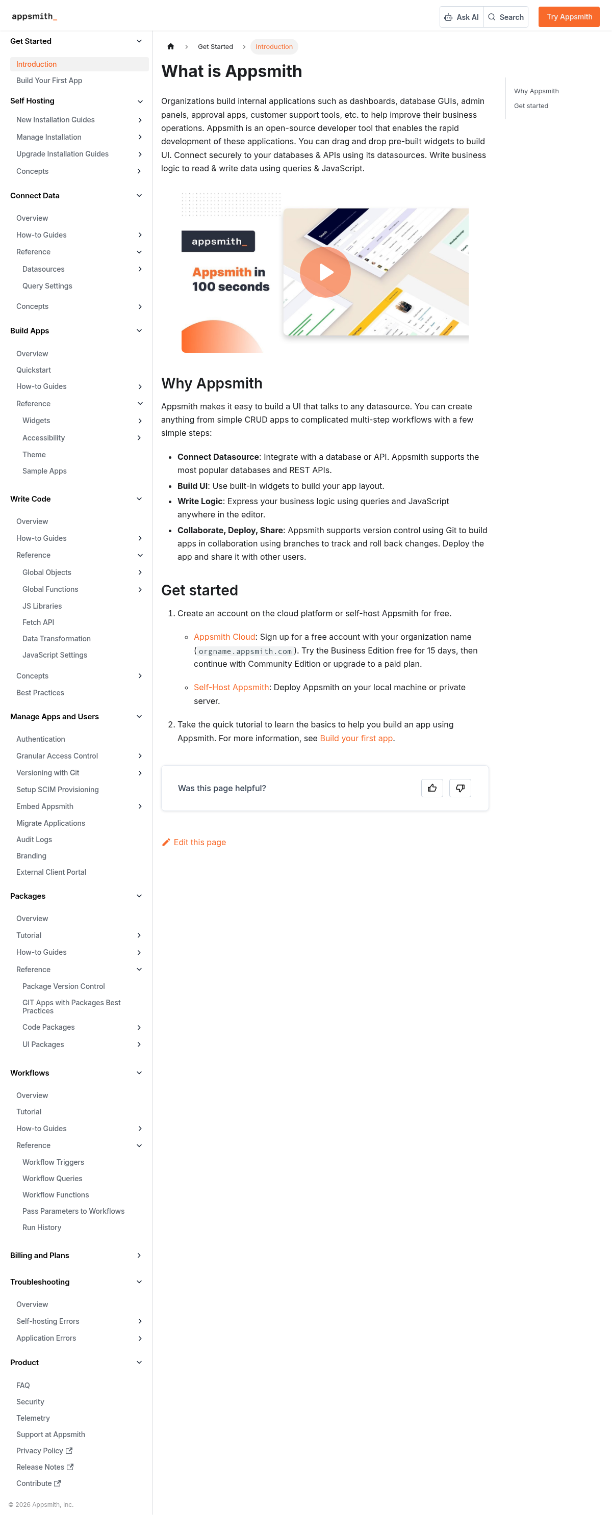 Appsmith documentation homepage captured 2026-10-14. The numbered notes describe its navigation and starting routes.