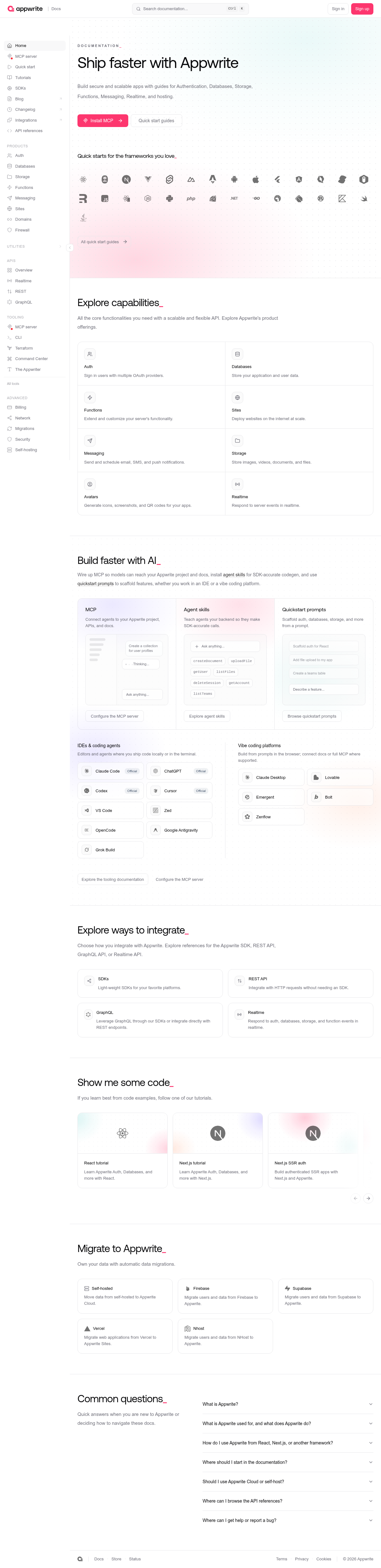 Appwrite documentation homepage captured 2026-10-14. The numbered notes describe its navigation and starting routes.