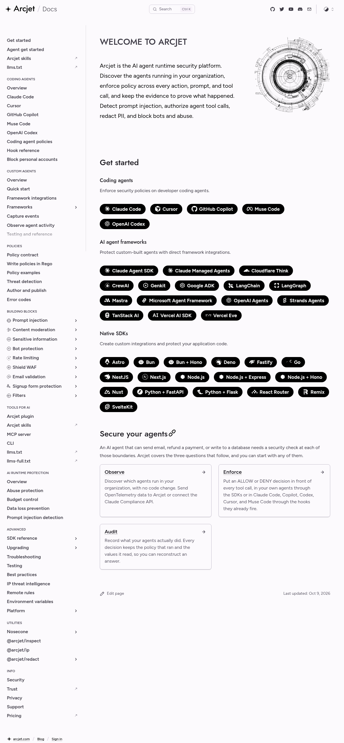 Arcjet documentation homepage captured 2026-10-14. The numbered notes describe its navigation and starting routes.