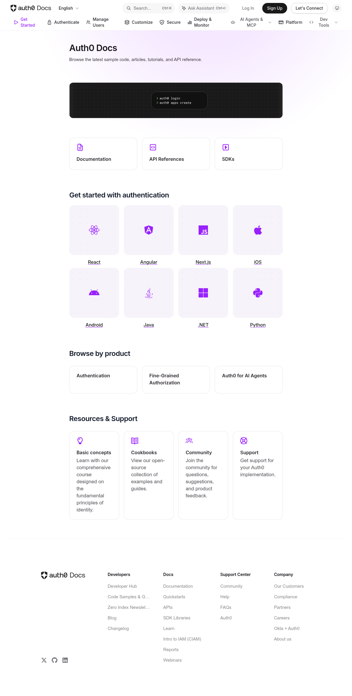 Auth0 documentation homepage captured 2026-10-14. The numbered notes describe its navigation and starting routes.