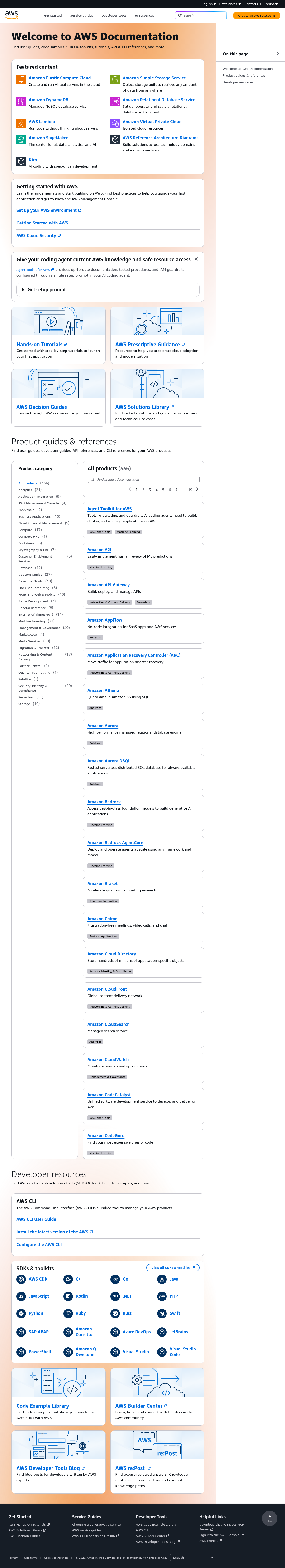 AWS Documentation documentation homepage captured 2026-10-14. The numbered notes describe its navigation and starting routes.