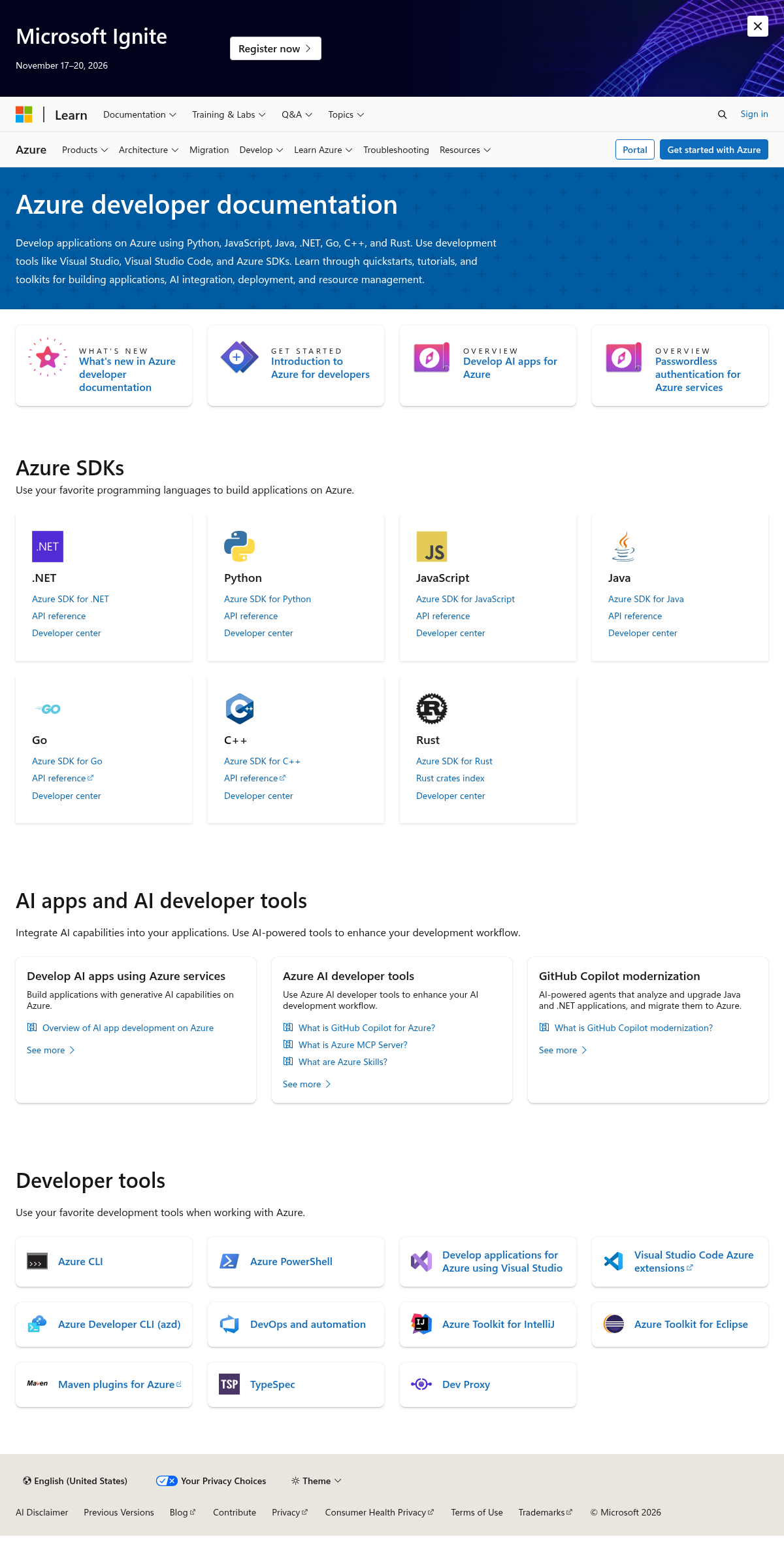 Azure developer documentation documentation homepage captured 2026-10-14. The numbered notes describe its navigation and starting routes.