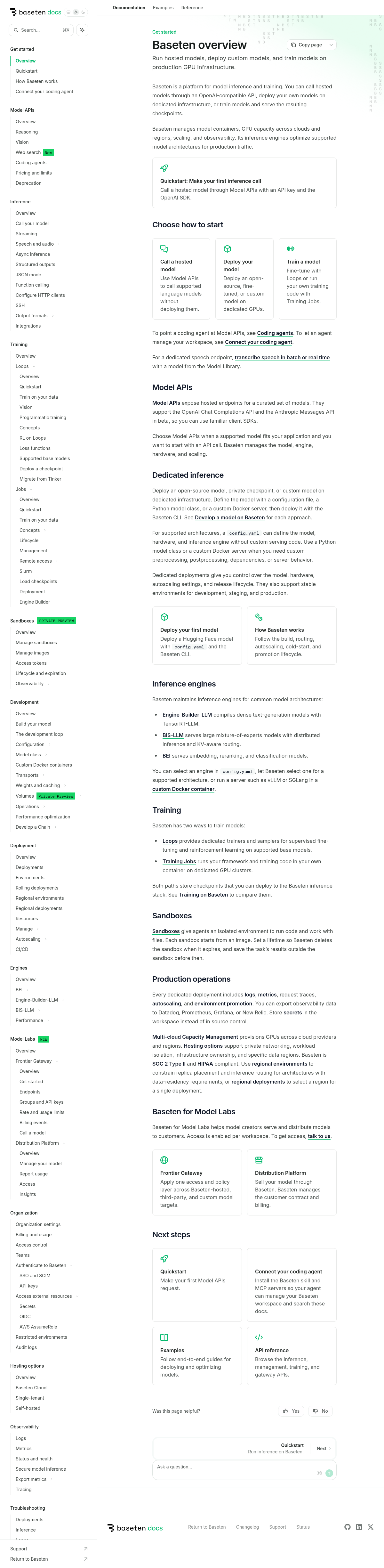 Baseten documentation homepage captured 2026-10-14. The numbered notes describe its navigation and starting routes.