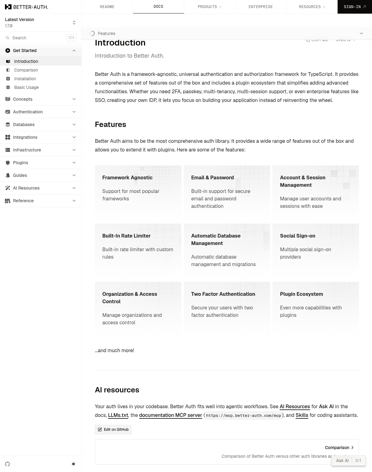 Better Auth documentation homepage captured 2026-10-14. The numbered notes describe its navigation and starting routes.