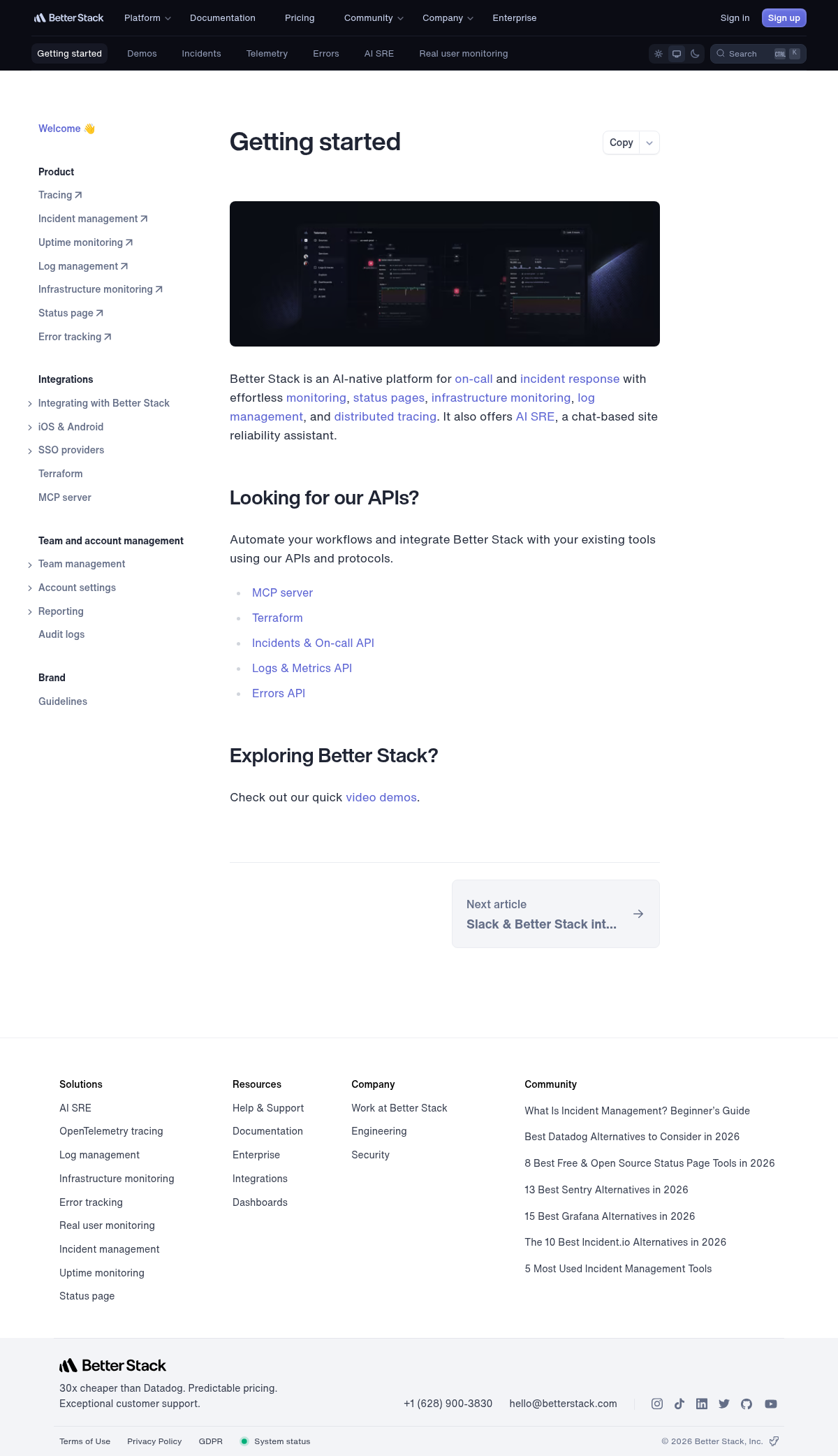 Better Stack documentation homepage captured 2026-10-14. The numbered notes describe its navigation and starting routes.