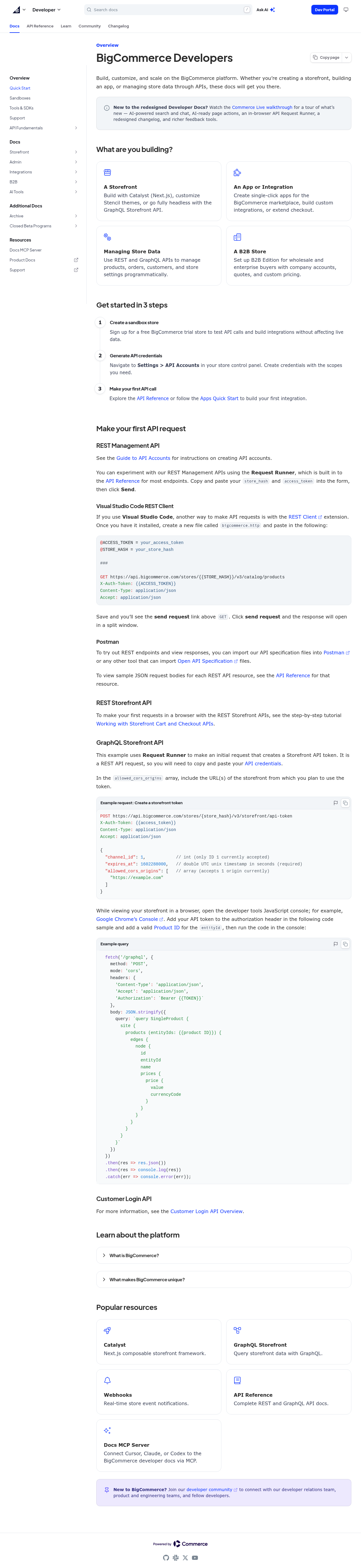 BigCommerce documentation homepage captured 2026-10-14. The numbered notes describe its navigation and starting routes.