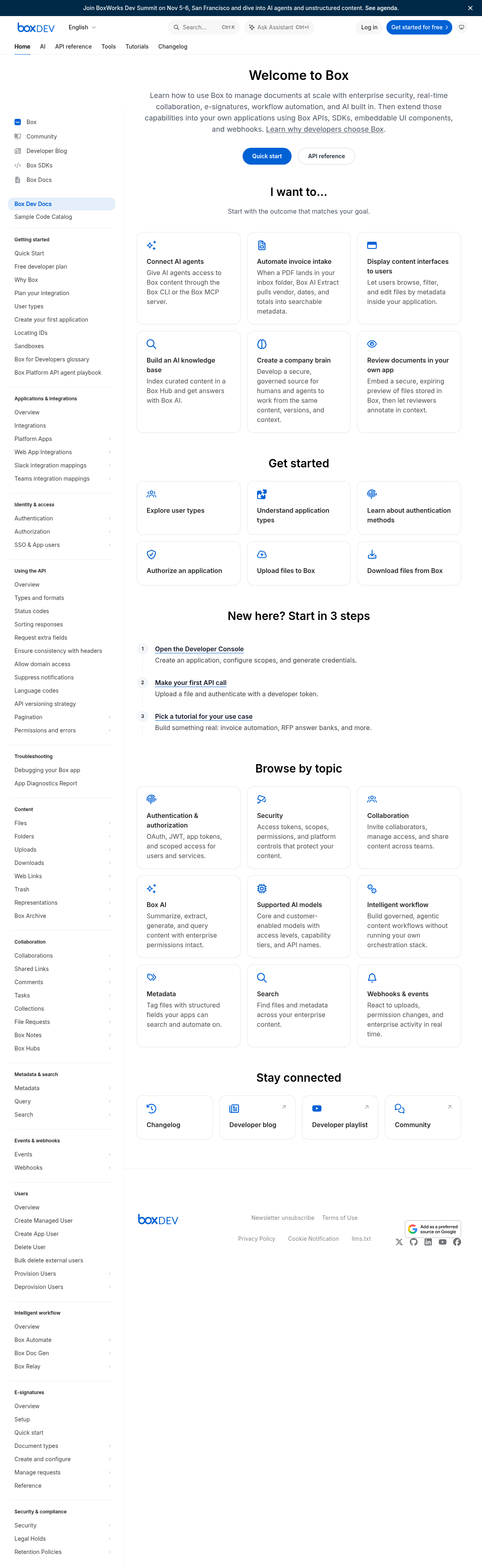 Box documentation homepage captured 2026-10-14. The numbered notes describe its navigation and starting routes.