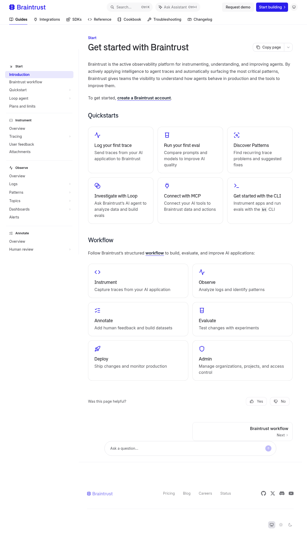 Braintrust documentation homepage captured 2026-10-14. The numbered notes describe its navigation and starting routes.