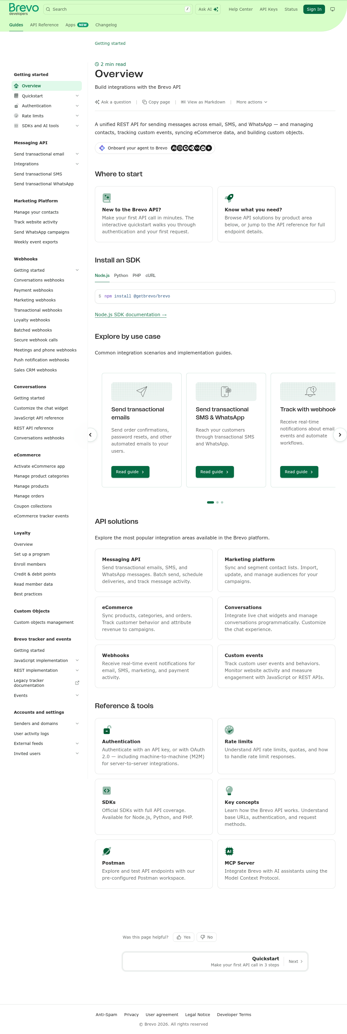 Brevo documentation homepage captured 2026-10-14. The numbered notes describe its navigation and starting routes.