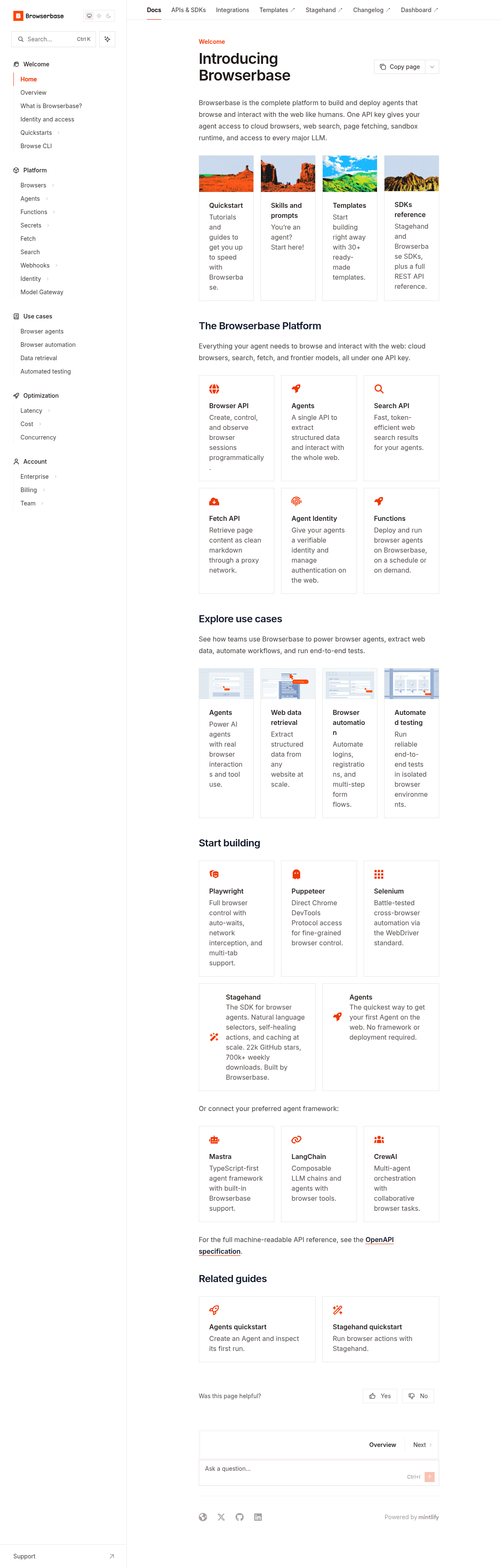 Browserbase documentation homepage captured 2026-10-14. The numbered notes describe its navigation and starting routes.
