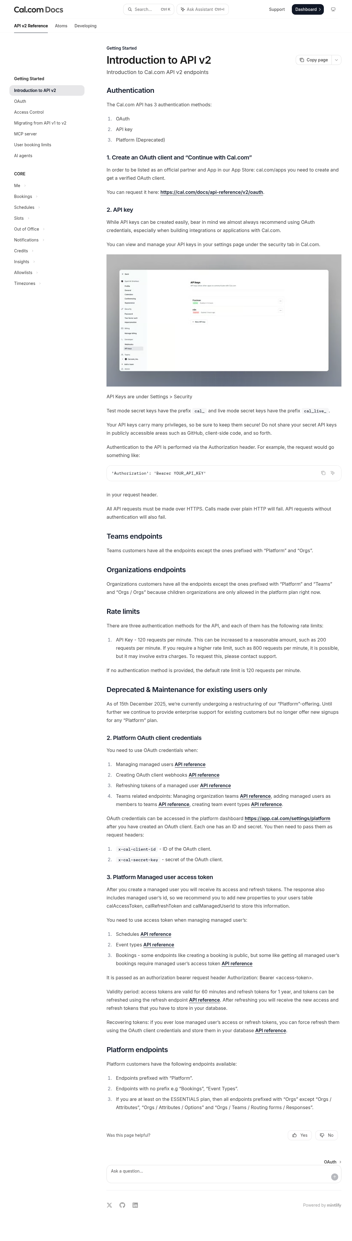 Cal.com documentation homepage captured 2026-10-14. The numbered notes describe its navigation and starting routes.