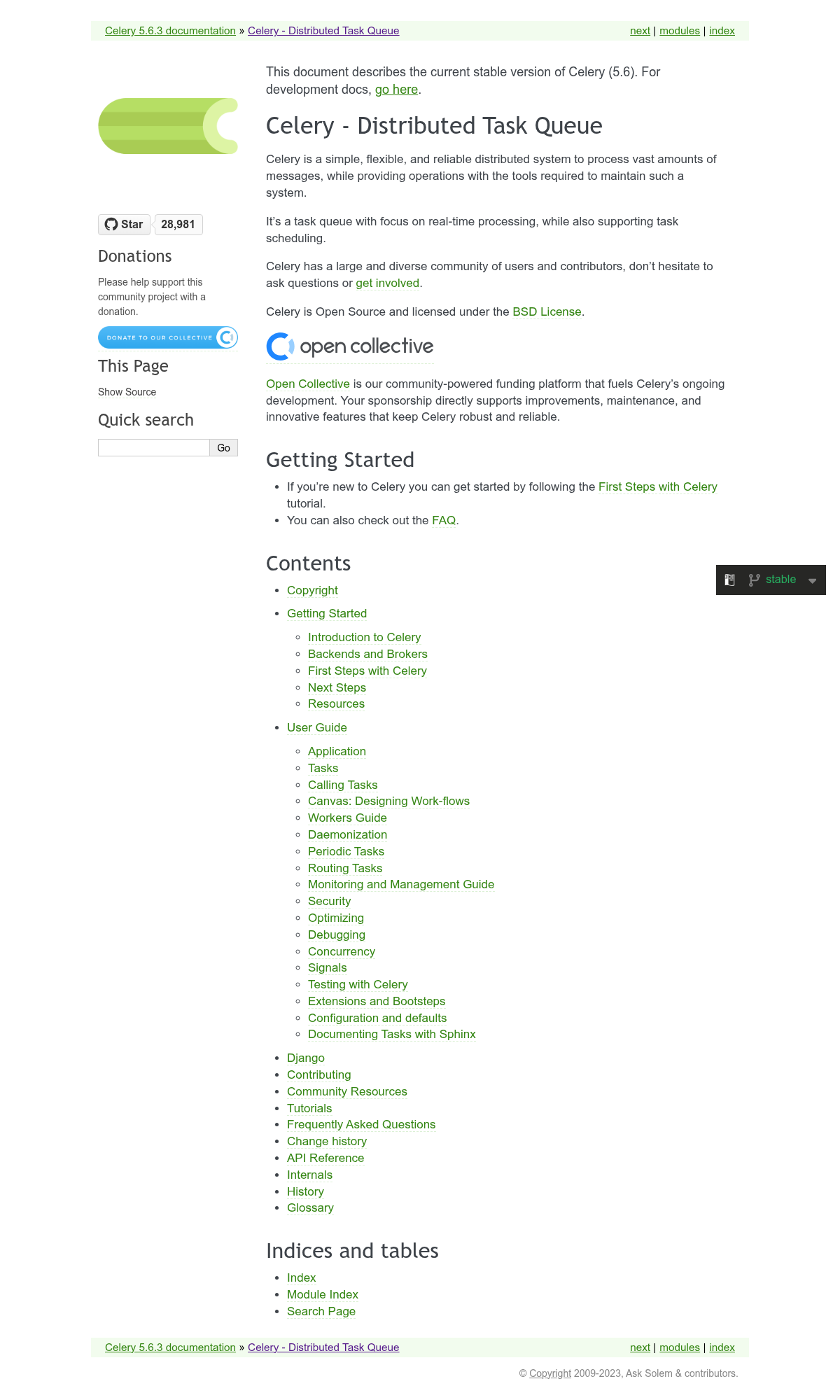 Celery documentation homepage captured 2026-10-14. The numbered notes describe its navigation and starting routes.
