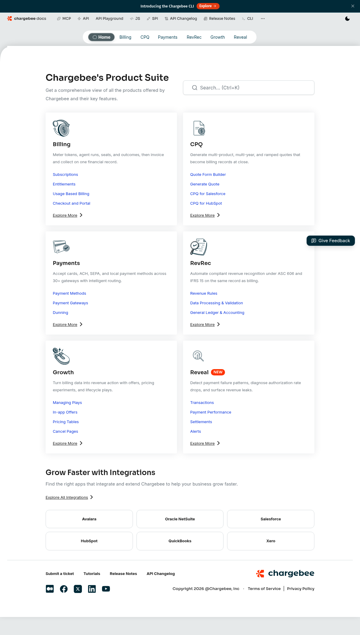 Chargebee documentation homepage captured 2026-10-14. The numbered notes describe its navigation and starting routes.