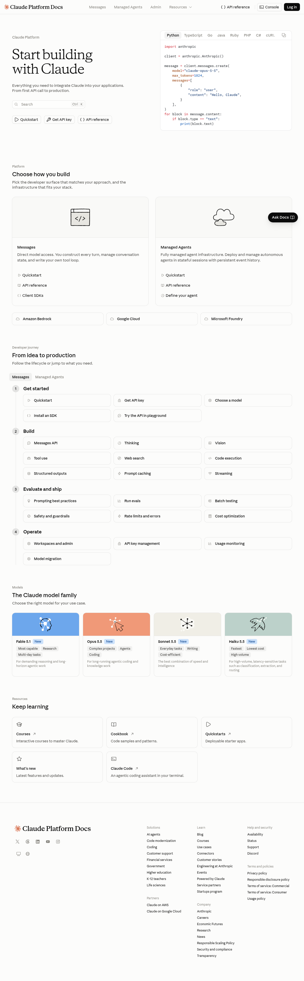 Claude Platform documentation homepage captured 2026-10-14. The numbered notes describe its navigation and starting routes.