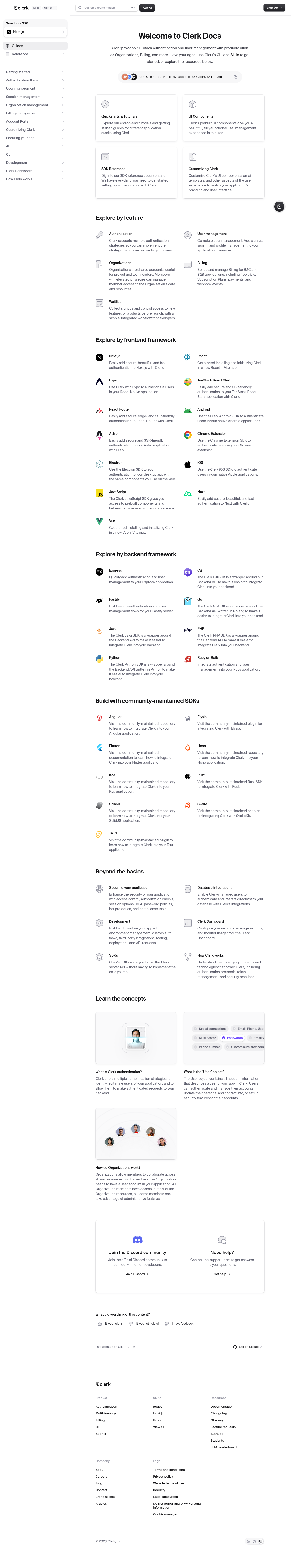 Clerk JavaScript SDK documentation homepage captured 2026-10-14. The numbered notes describe its navigation and starting routes.
