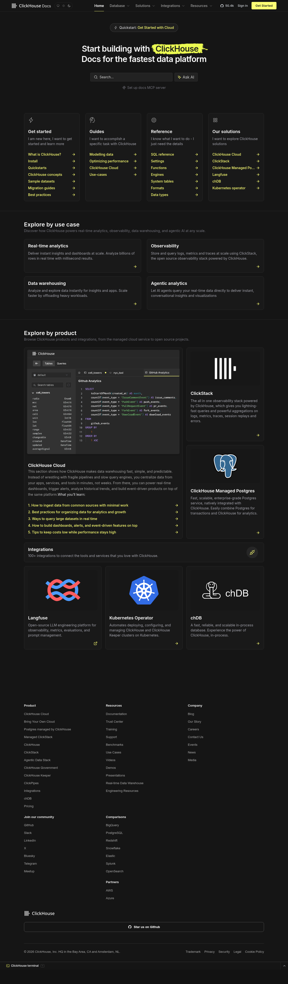 ClickHouse documentation homepage captured 2026-10-14. The numbered notes describe its navigation and starting routes.