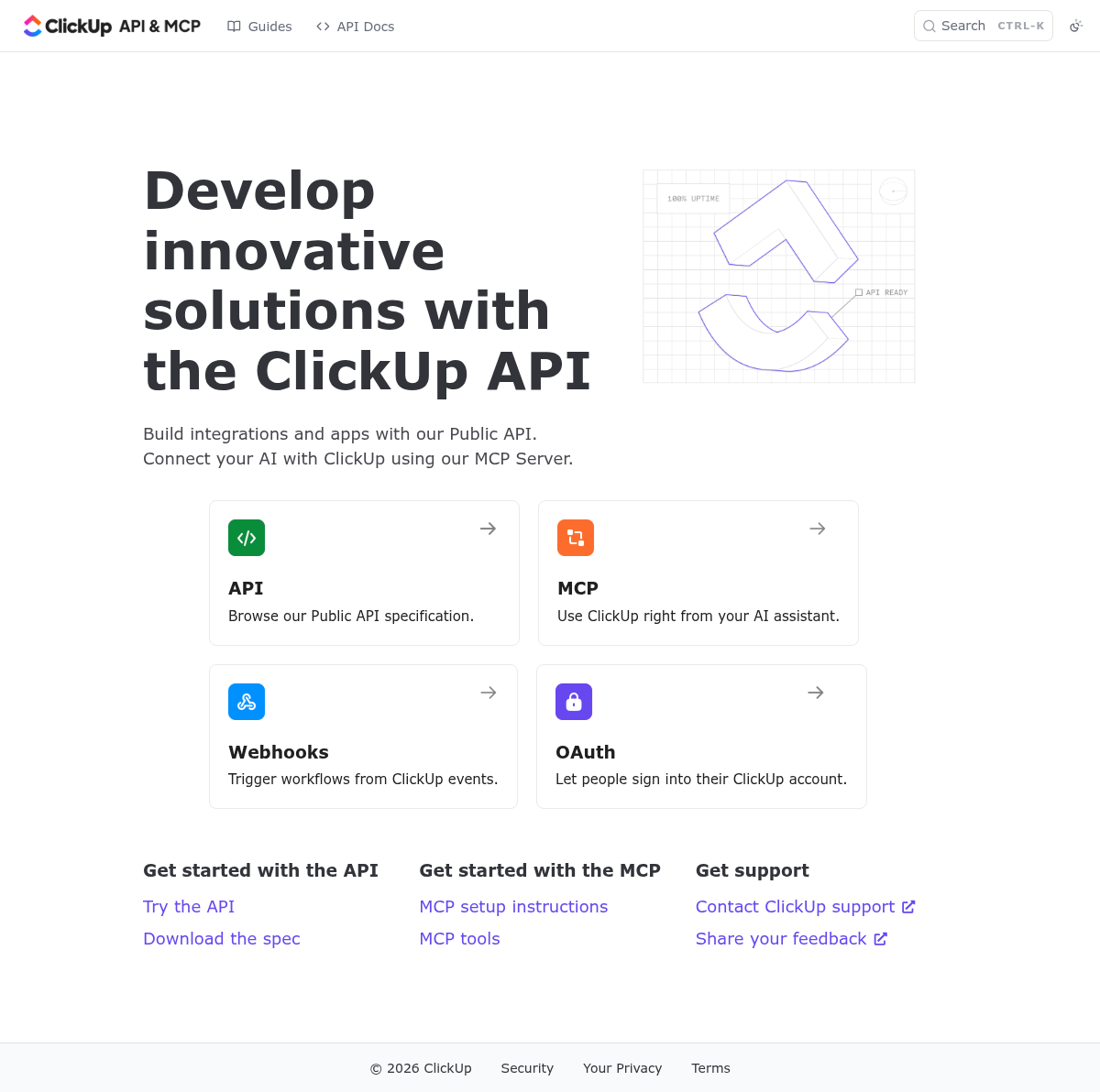 ClickUp documentation homepage captured 2026-10-14. The numbered notes describe its navigation and starting routes.