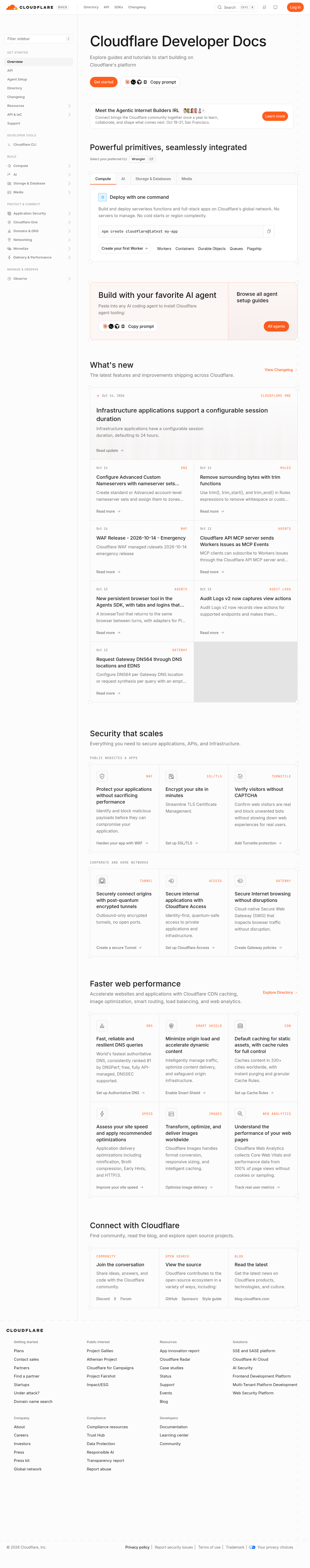 Cloudflare Developer Docs documentation homepage captured 2026-10-14. The numbered notes describe its navigation and starting routes.