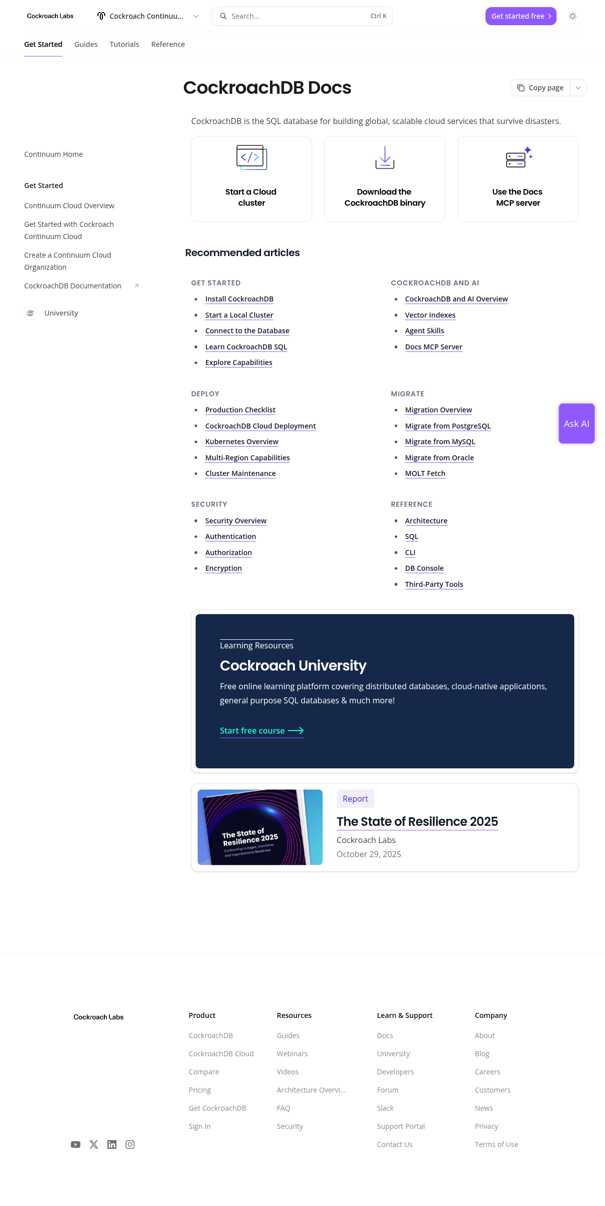 CockroachDB documentation homepage captured 2026-10-14. The numbered notes describe its navigation and starting routes.