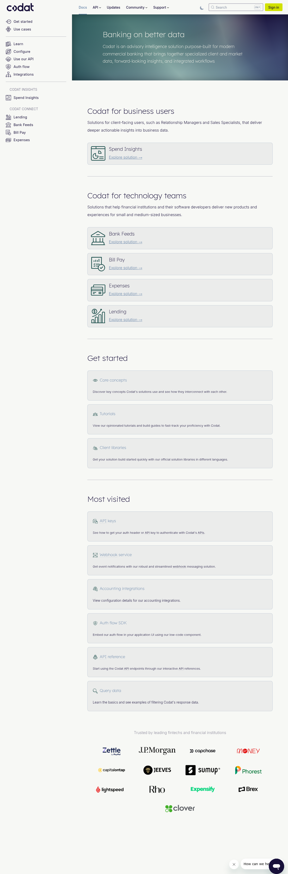 Codat documentation homepage captured 2026-10-14. The numbered notes describe its navigation and starting routes.