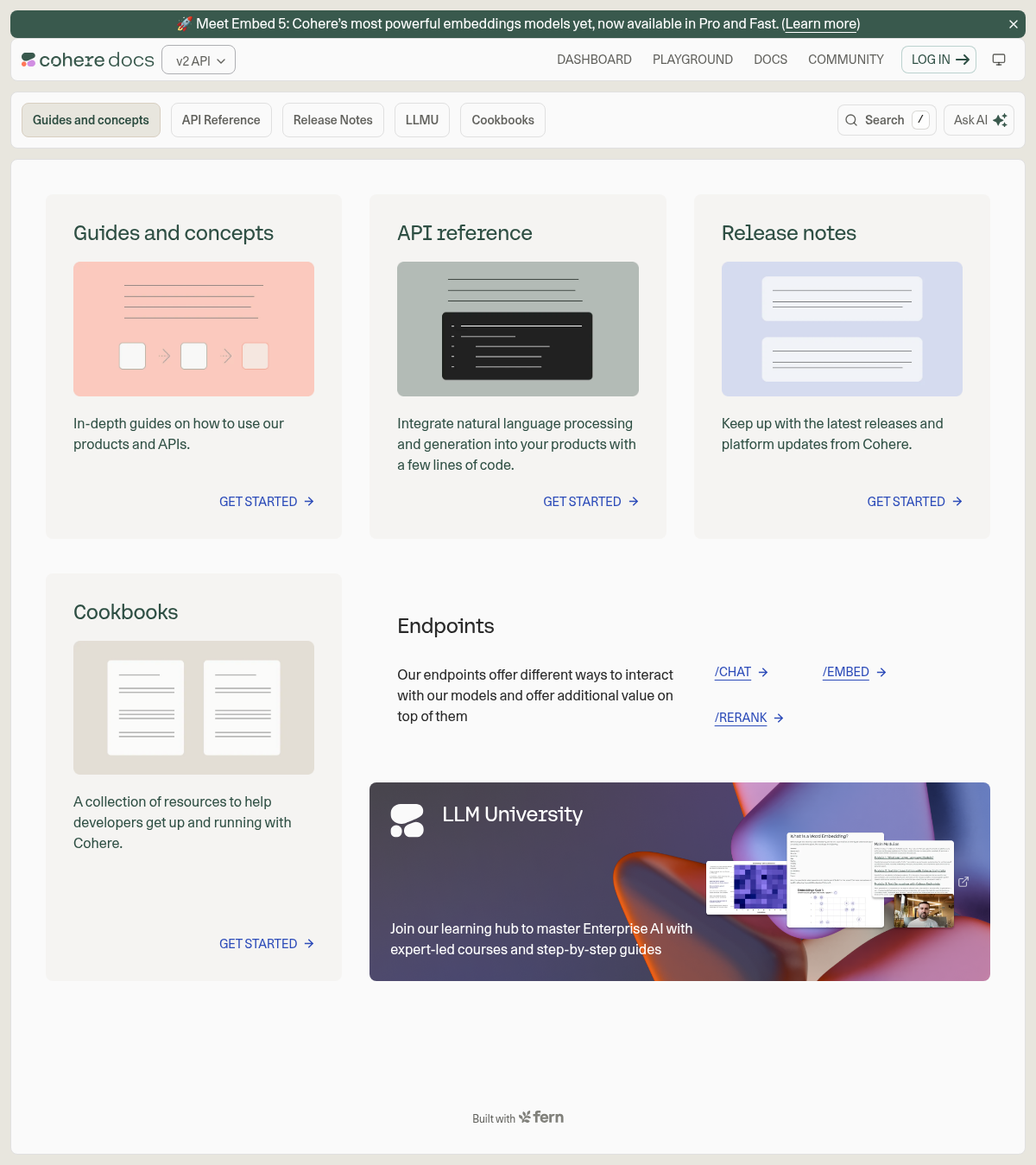 Cohere documentation homepage captured 2026-10-14. The numbered notes describe its navigation and starting routes.