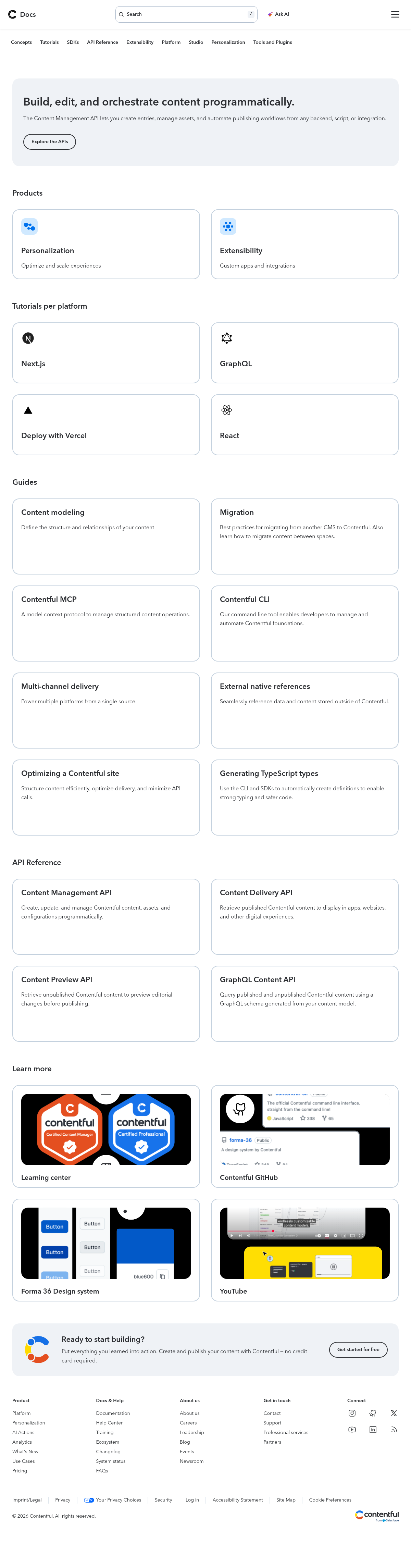 Contentful documentation homepage captured 2026-10-14. The numbered notes describe its navigation and starting routes.