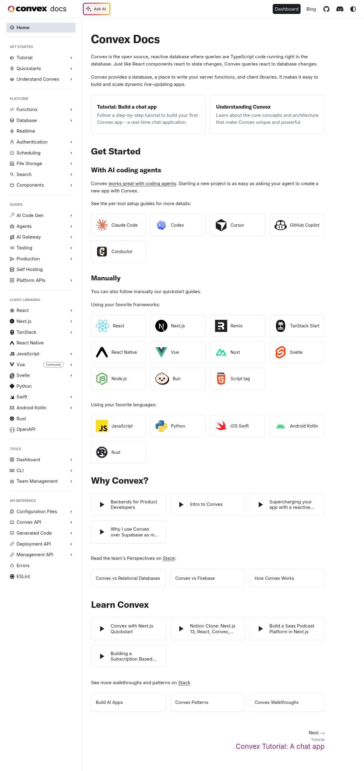 Convex documentation homepage captured 2026-10-14. The numbered notes describe its navigation and starting routes.