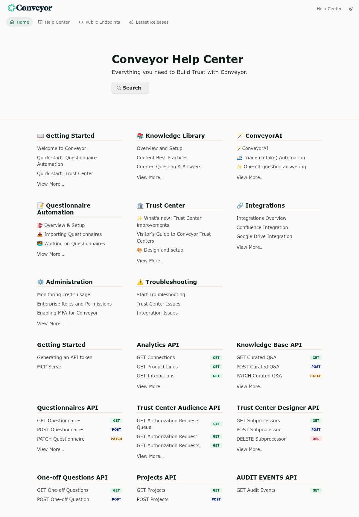 Conveyor documentation homepage captured 2026-10-14. The numbered notes describe its navigation and starting routes.