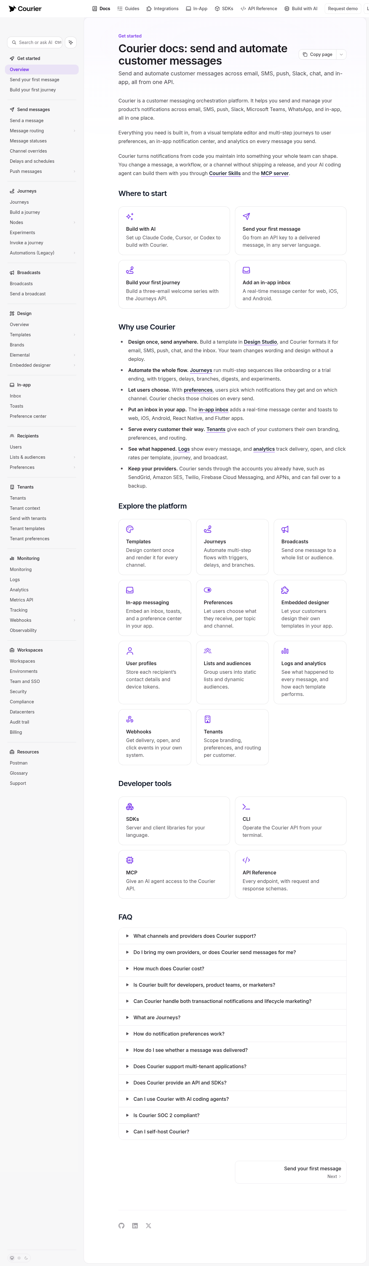 Courier documentation homepage captured 2026-10-14. The numbered notes describe its navigation and starting routes.