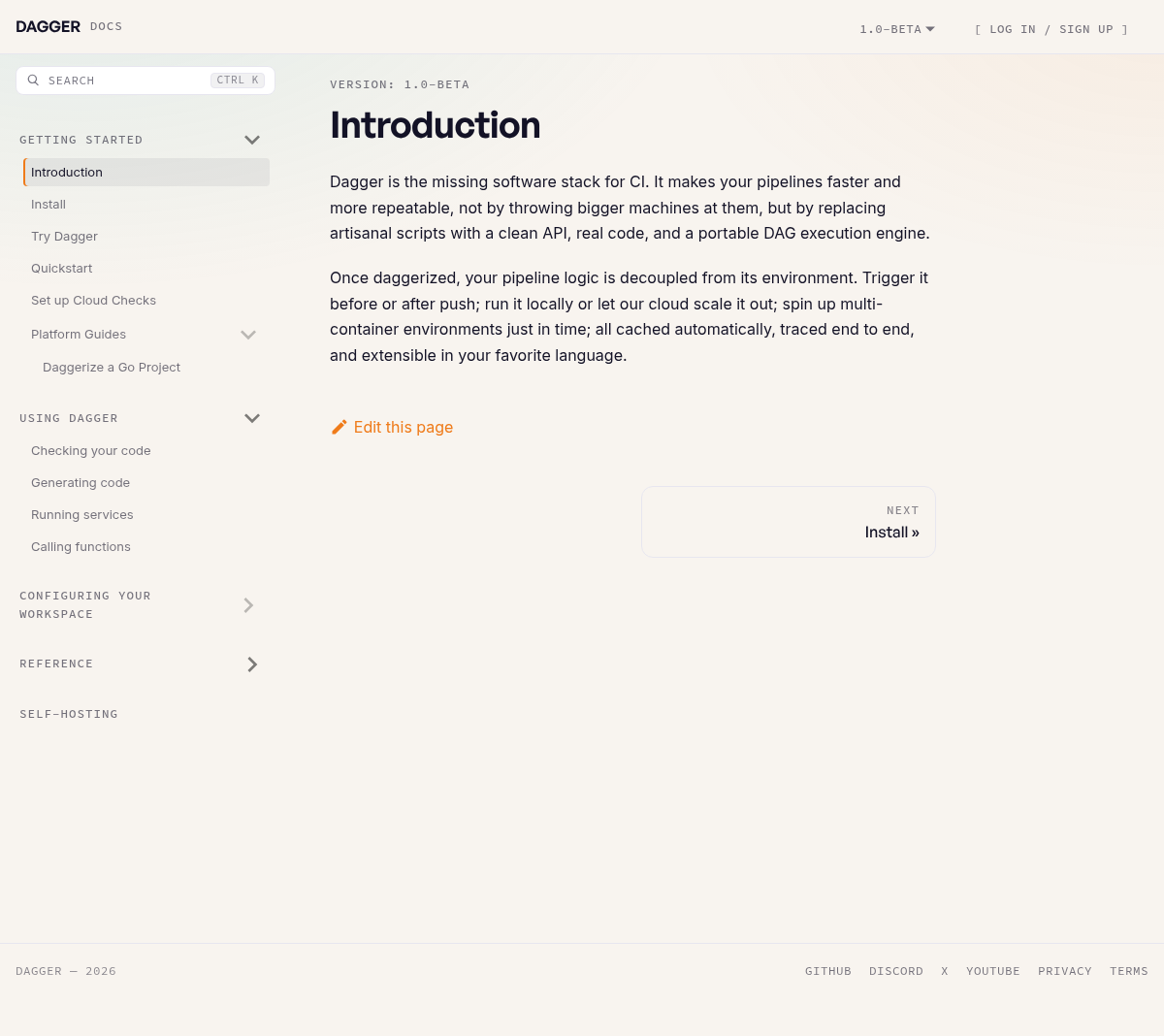 Dagger documentation homepage captured 2026-10-14. The numbered notes describe its navigation and starting routes.