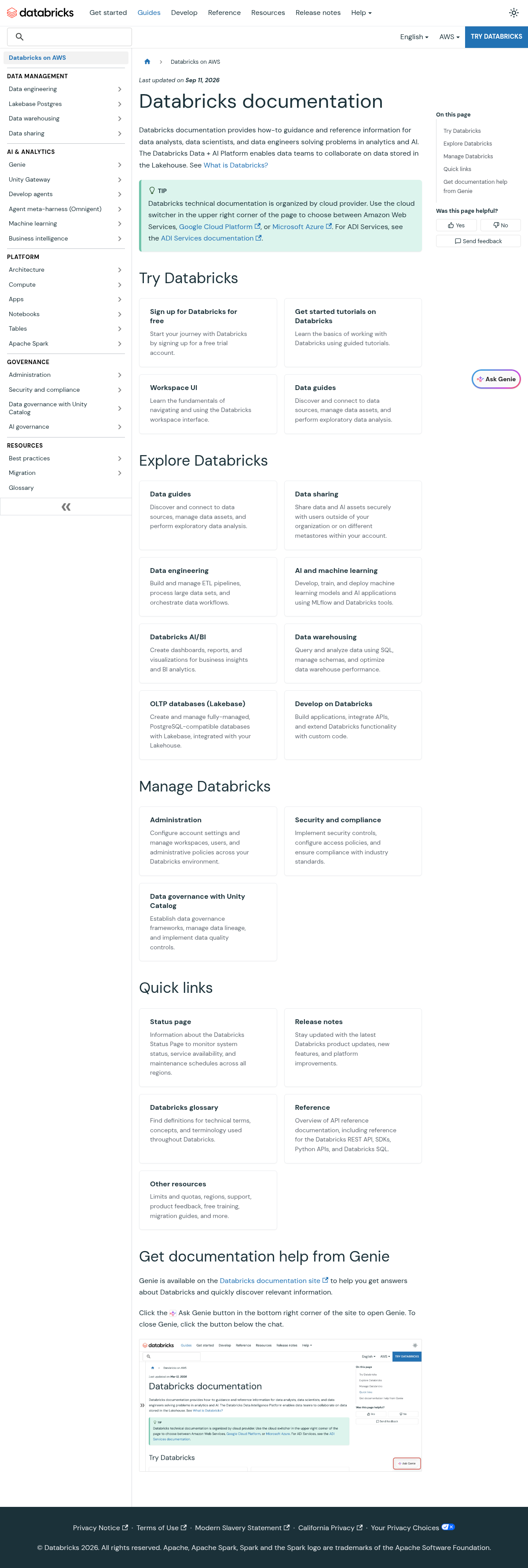 Databricks documentation homepage captured 2026-10-14. The numbered notes describe its navigation and starting routes.