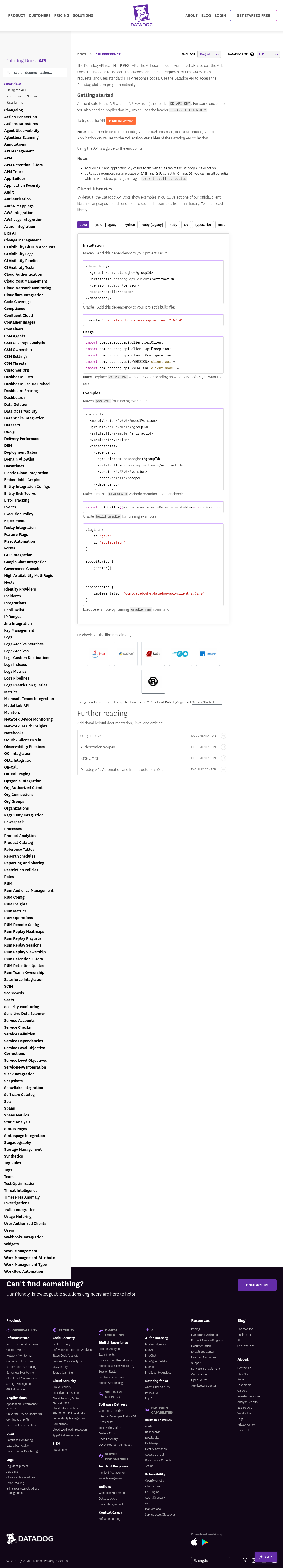 Datadog API documentation homepage captured 2026-10-14. The numbered notes describe its navigation and starting routes.