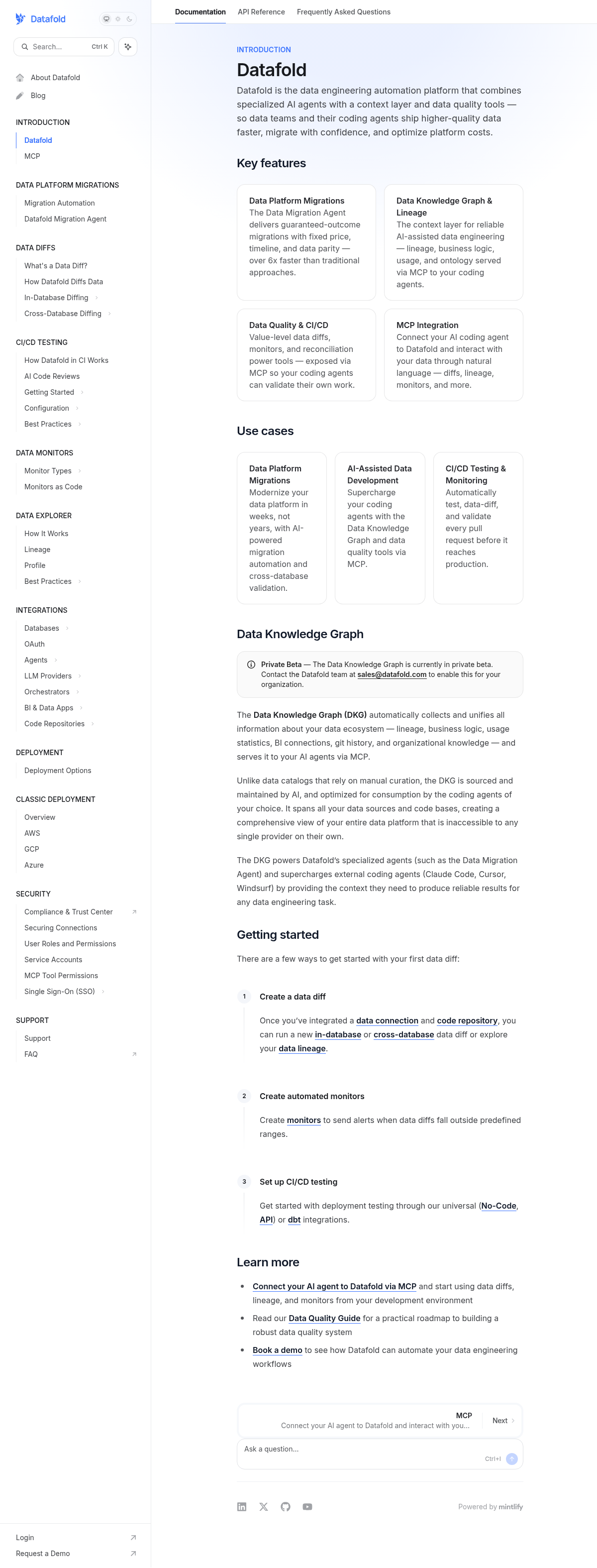 Datafold documentation homepage captured 2026-10-14. The numbered notes describe its navigation and starting routes.