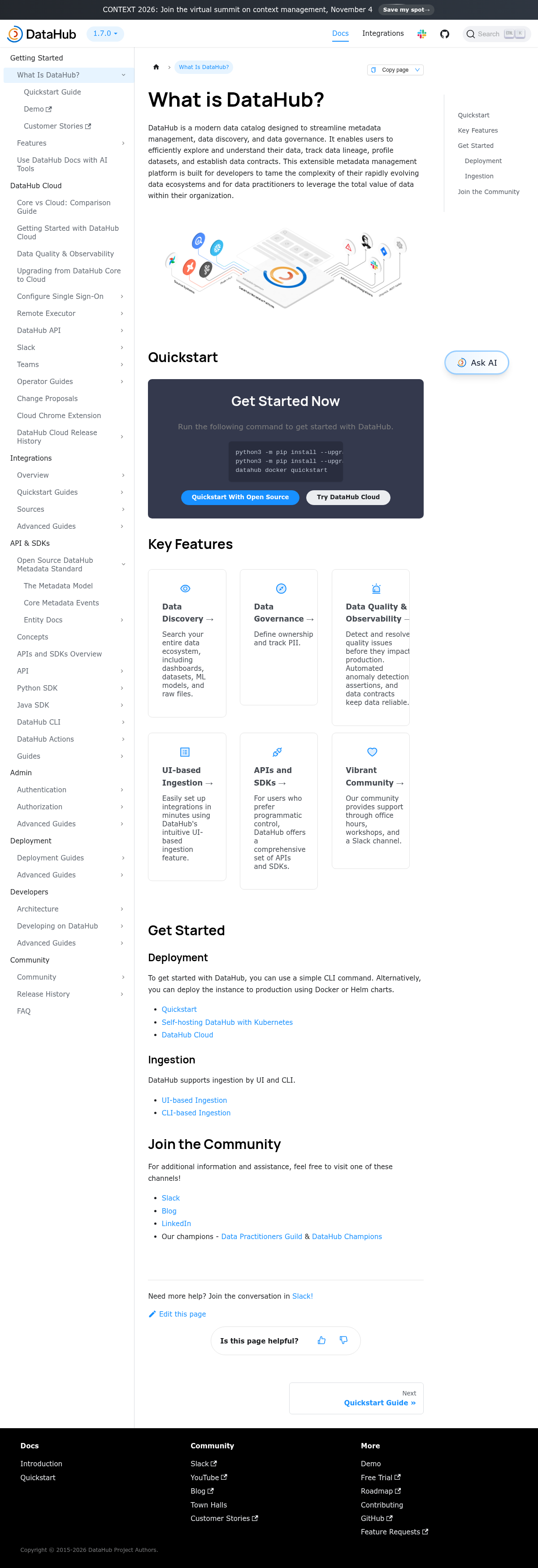 DataHub (Acryl Data) documentation homepage captured 2026-10-14. The numbered notes describe its navigation and starting routes.