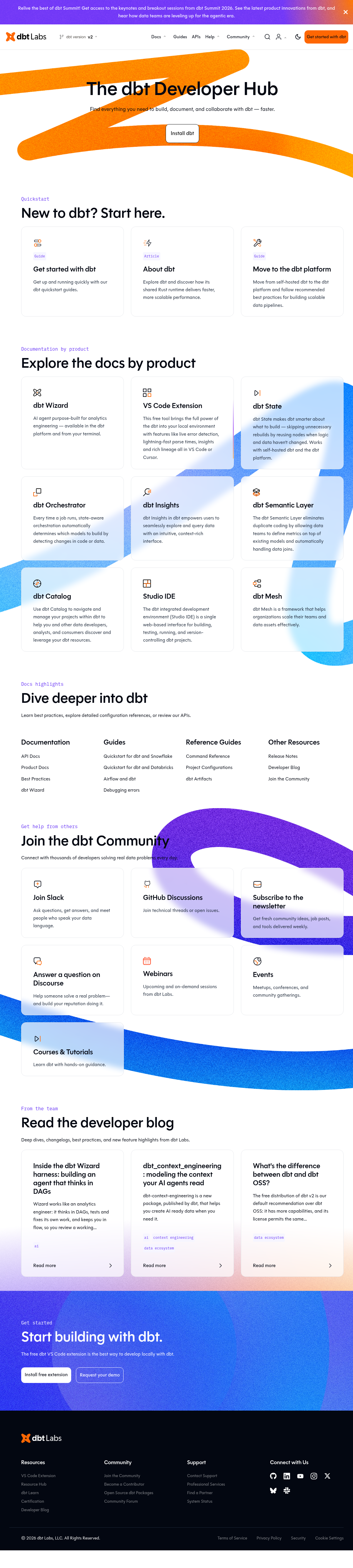 dbt documentation homepage captured 2026-10-14. The numbered notes describe its navigation and starting routes.