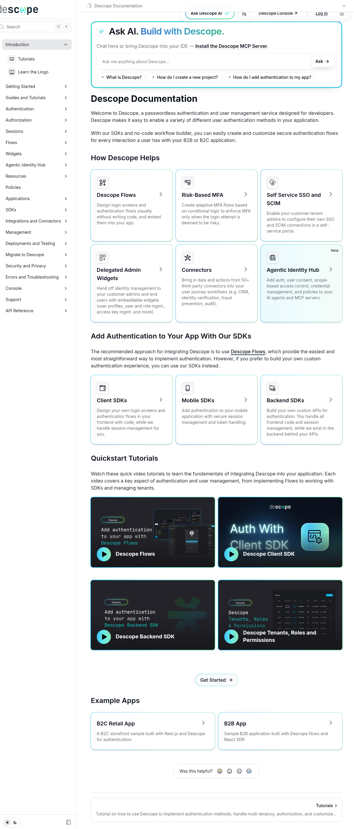 Descope documentation homepage captured 2026-10-14. The numbered notes describe its navigation and starting routes.