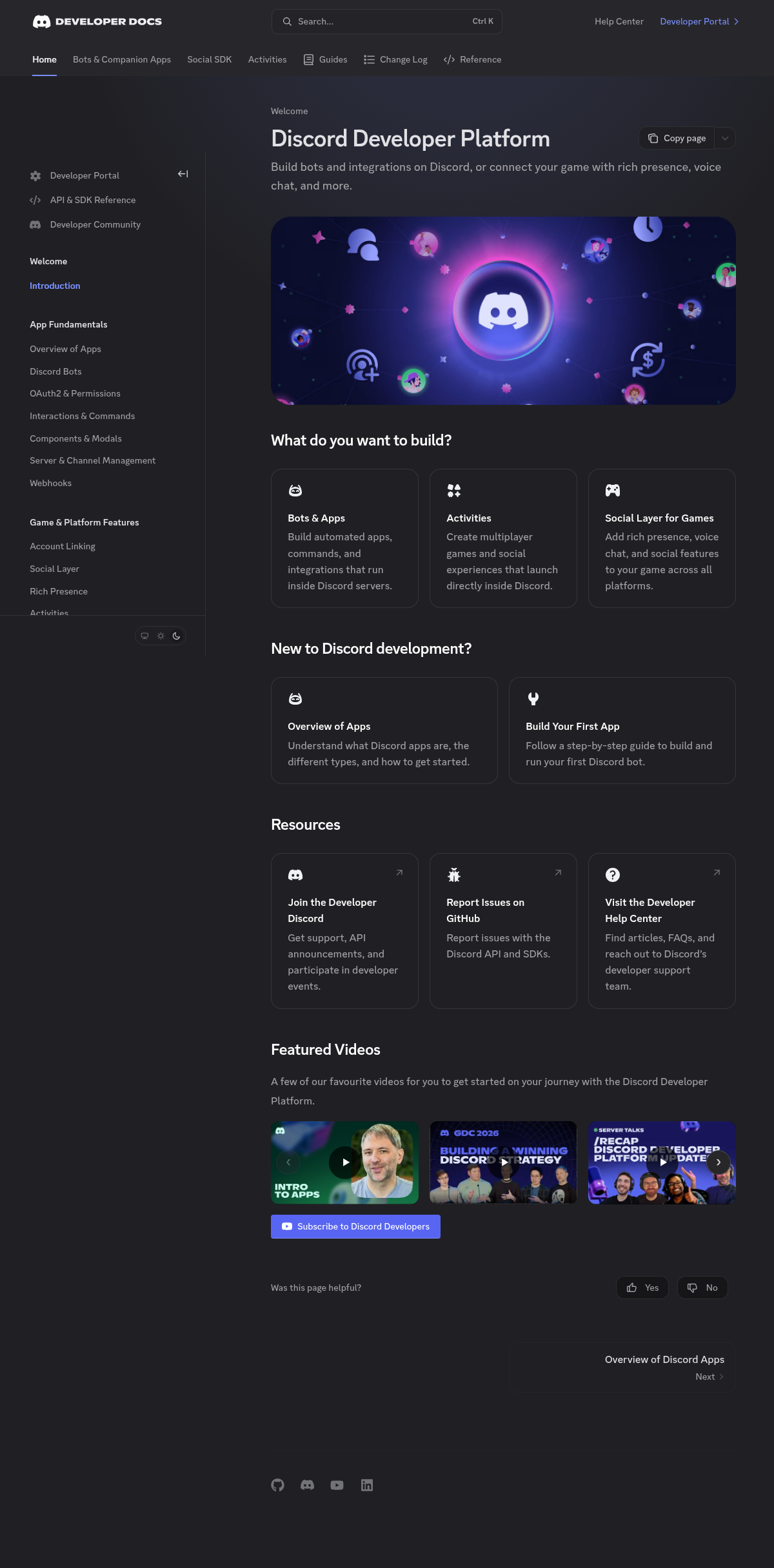 Discord Developer Platform Documentation documentation homepage captured 2026-10-14. The numbered notes describe its navigation and starting routes.