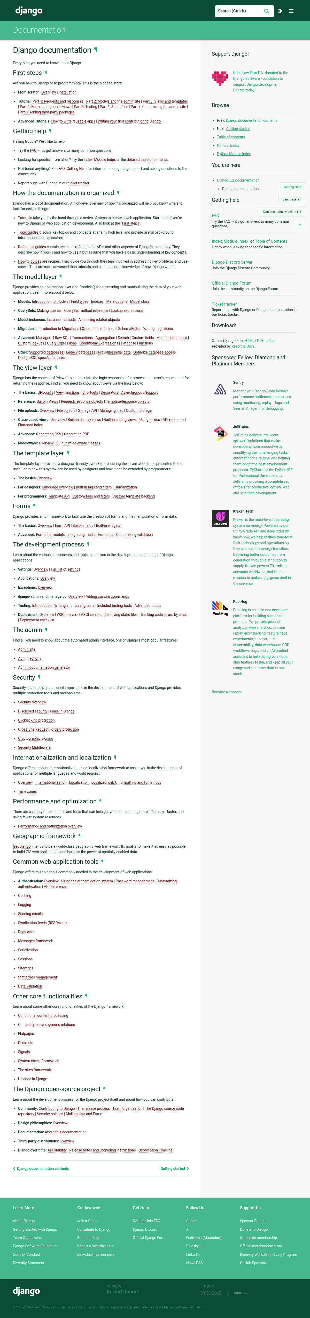Django documentation homepage captured 2026-10-14. The numbered notes describe its navigation and starting routes.