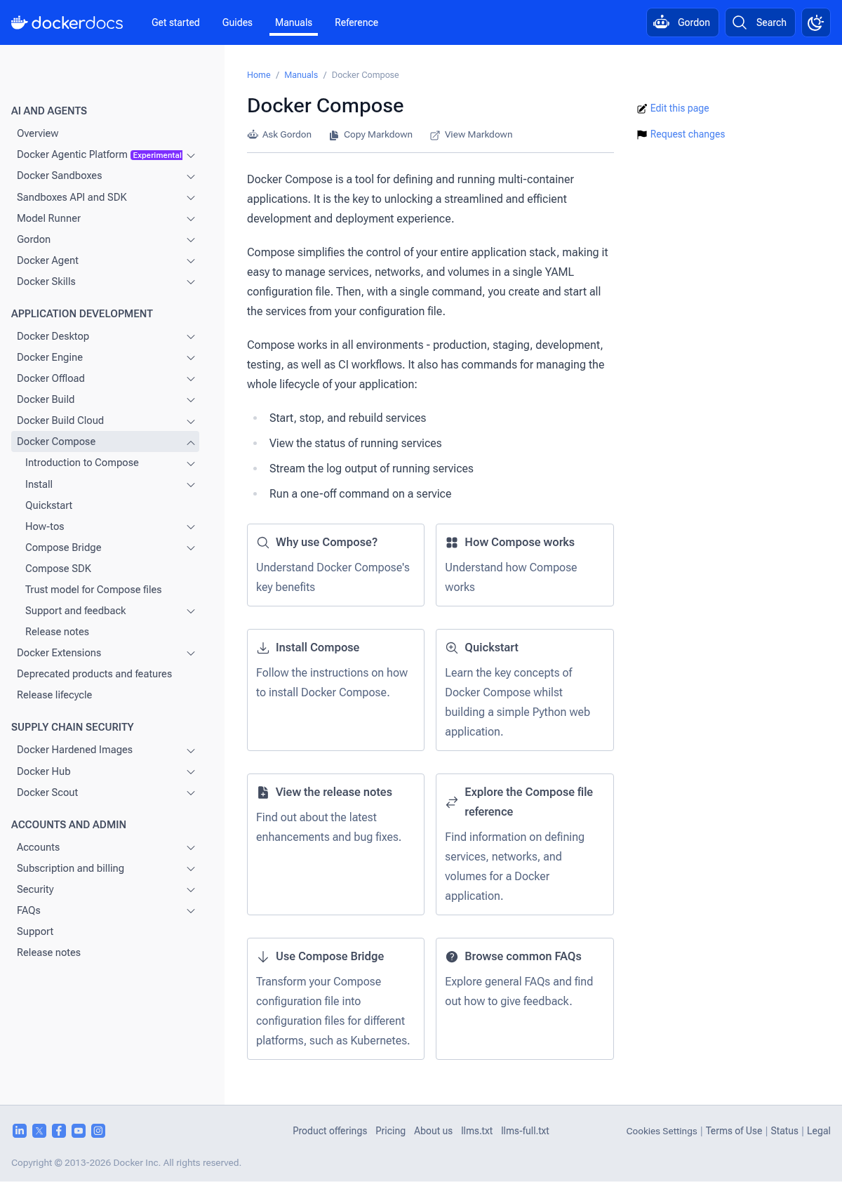 Docker Compose documentation homepage captured 2026-10-14. The numbered notes describe its navigation and starting routes.