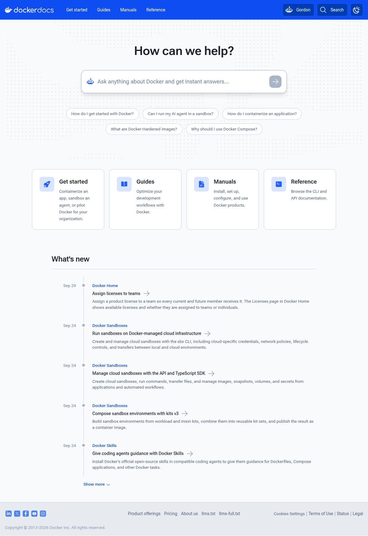Docker Documentation documentation homepage captured 2026-10-14. The numbered notes describe its navigation and starting routes.