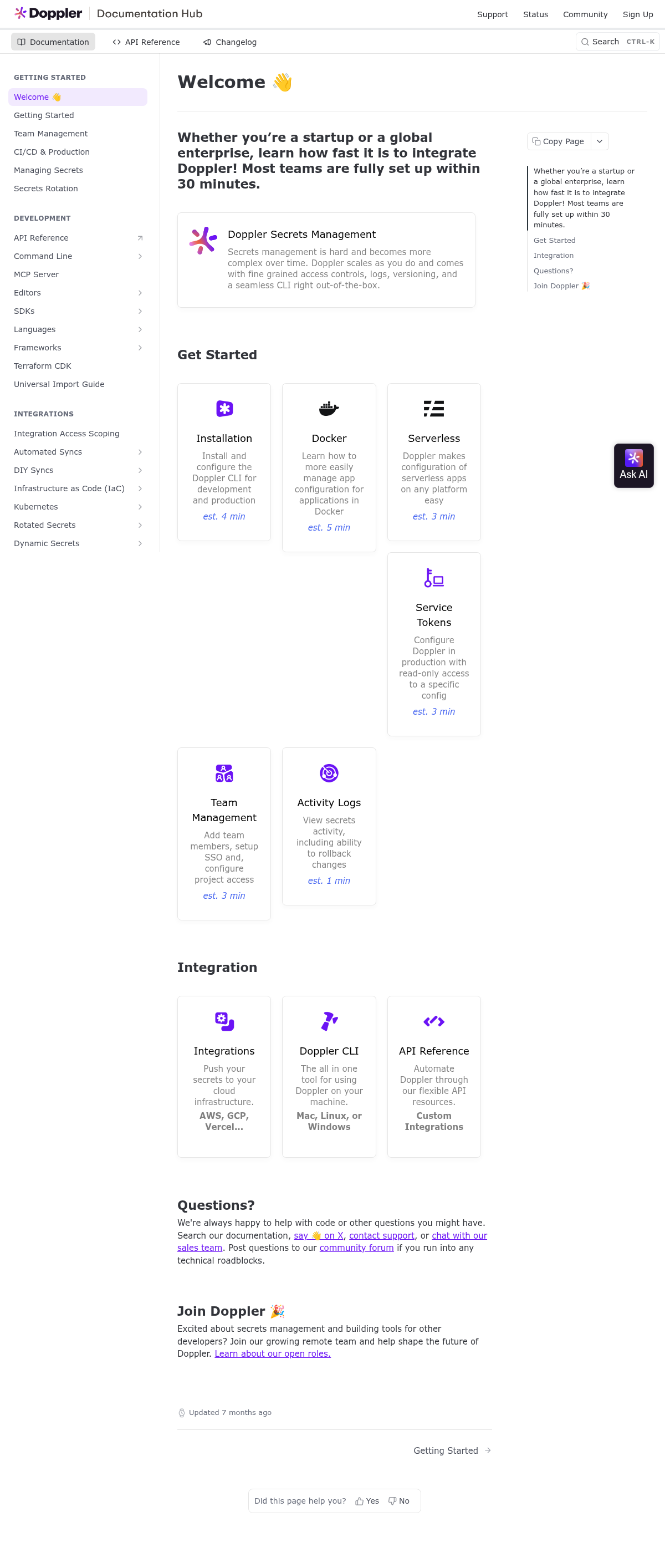 Doppler documentation homepage captured 2026-10-14. The numbered notes describe its navigation and starting routes.