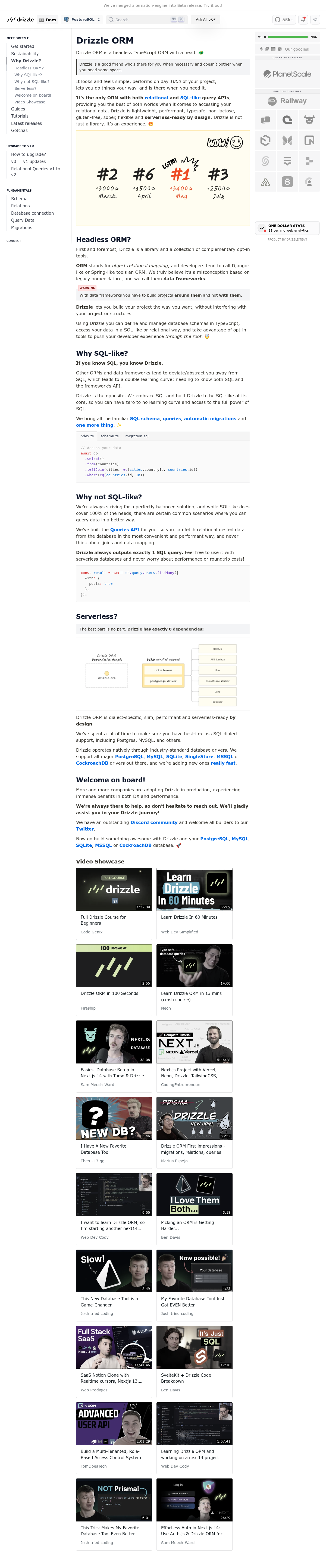 Drizzle ORM documentation homepage captured 2026-10-14. The numbered notes describe its navigation and starting routes.