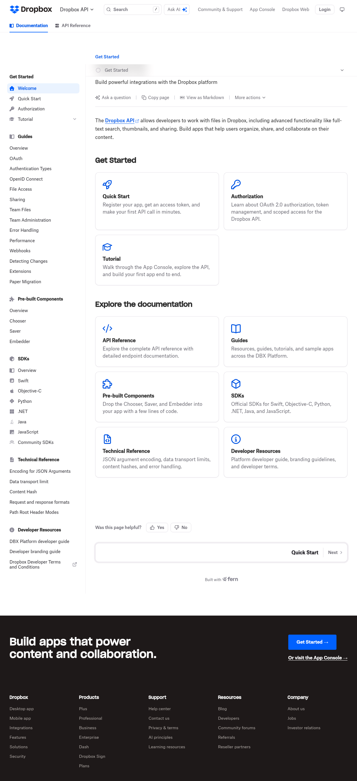 Dropbox API Documentation documentation homepage captured 2026-10-14. The numbered notes describe its navigation and starting routes.